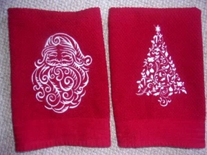 SANTA CLAUS AND CHRISTMAS TREE ETCHED EMBROIDERY RED HAND TOWELS SET OF 2 - Picture 1 of 3