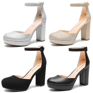 Women Pumps Platform Chunky Heels Ankle Strap Round Toe Wedding Dress Pumps - Picture 1 of 19