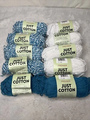 Lot 8 + Skeins Just Cotton Yarn Turquoise Marl Solid White Premier Yarns 2.1 oz - Image 1 of 4