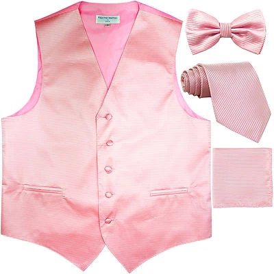 New Men's stripes Tuxedo Vest Waistcoat & necktie & Bow tie & Hankie pink formal - Image 1 of 4