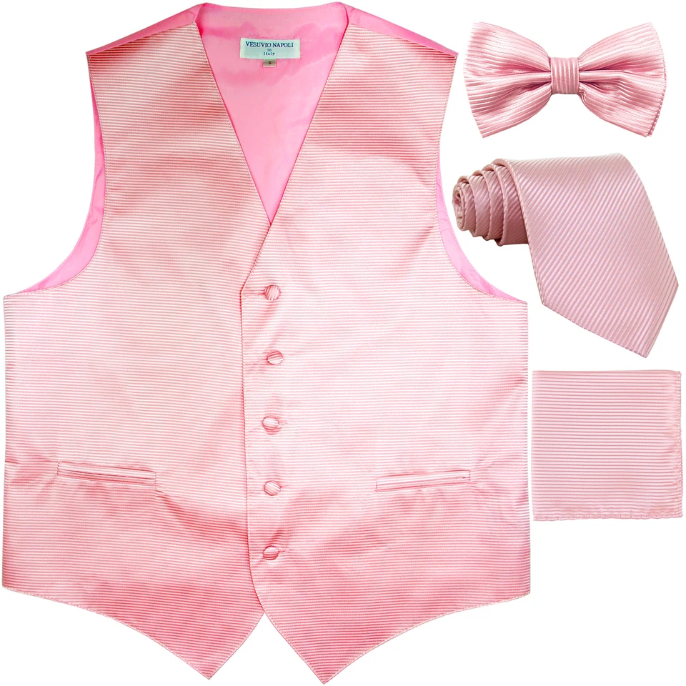 New Men's stripes Tuxedo Vest Waistcoat & necktie & Bow tie & Hankie pink formal - Image 1 of 4