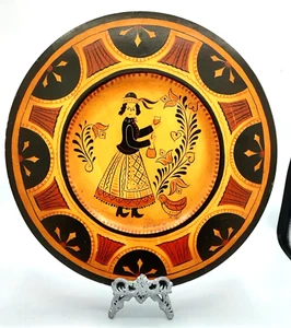 Painted Wood Plate Lady Bird & Flowers Artist Signed S Swanson 1982 12" Folk Art - Picture 1 of 6