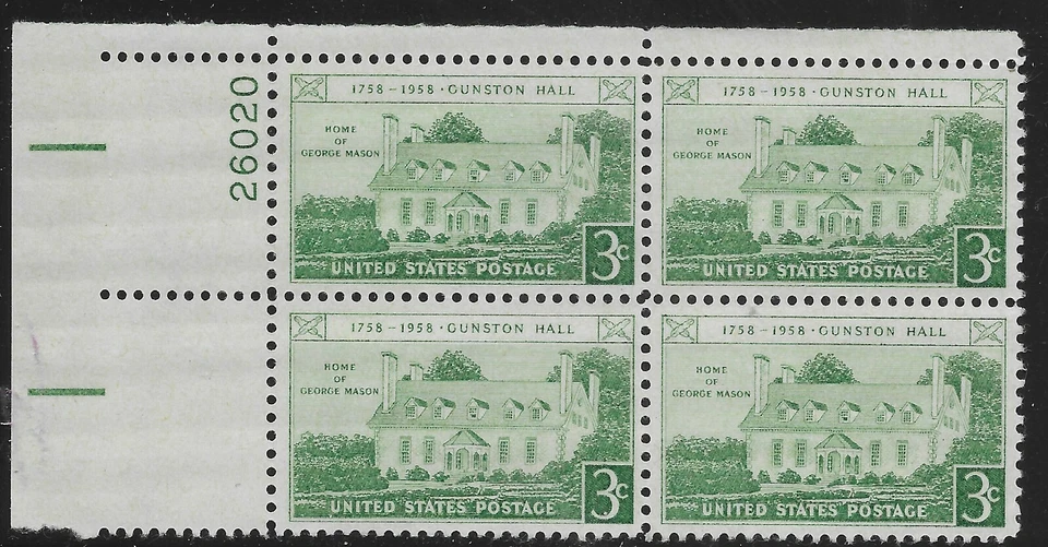 US Scott #1108, Plate Block #26020 1958 Gunston Hall 3c FVF MNH Upper Left - Image 1 of 1