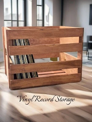 DARLA'S STUDIO 66 Cherry Stained Wooden Vinyl Record Holder Crate – Handcrafted LP Storage Box