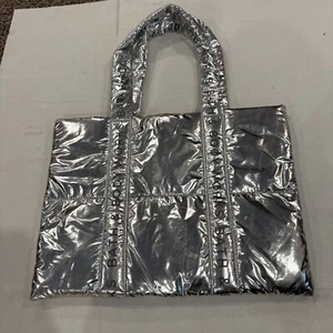 BATH & and BODY WORKS Puffy Puffer SILVER SHINY Tote Bag Carry All 2024 NWT - Picture 1 of 4