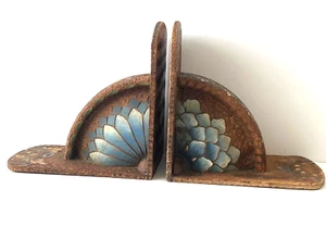 Antique Art deco Bookends Engraved Handpainted Koa Palm Wood Blackwood Acacia - Picture 1 of 22