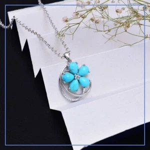 Natural Turquoise Gemstone Pendant 925 Sterling Silver Flower Design Pendant - Picture 1 of 8