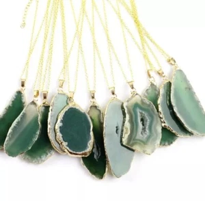 Green Agate Slice Charm Necklace w/ Gold Tone Trim, Agate Rock, Healing Gemstone - Picture 1 of 3