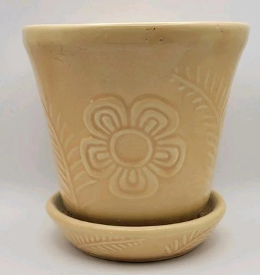 Shawnee Pottery Flower Fern Pot Peach Jardiniere Planter Attached Saucer USA - Image 1 of 4