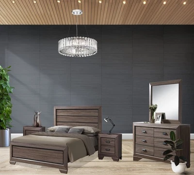 Black/Brown King Size Bedroom Set Bed Dresser Mirror & 2 Night Stands - Image 1 of 4