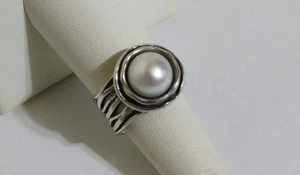 Designer Israel 925 Sterling Silver 9mm Pearl Hammered Ring Size 7 weight 8.5 g. - Picture 1 of 13