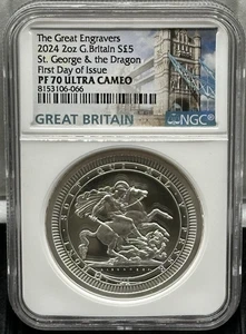 2024 The Great Engravers St George & The Dragon PF 70 UC NGC FDOI 2 oz Silver - Picture 1 of 5
