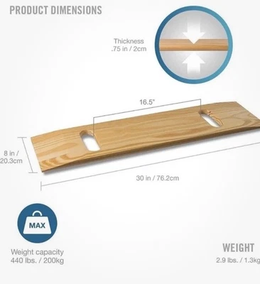 DMI Transfer Board Slide 440 lbs 30”x8”Senior 2-Handle Heavy Duty Wood, Patient - Image 1 of 4