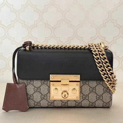 GUCCI GG Supreme 409487 Borsa a tracolla beige pelle nera PVC catena donna - Immagine 1 di 4
