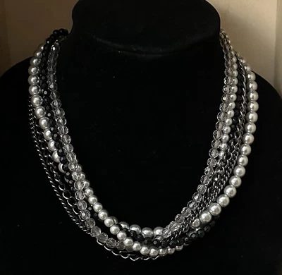 Collar Premier Designs Negro Plata Cadenas Perlas Cuentas Multi Hilo Foto 1 de 4