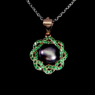 925 Sterling Silver Necklace Round Black Pearl 8mm Natural Flower Jewelry 18inch - Image 1 of 4