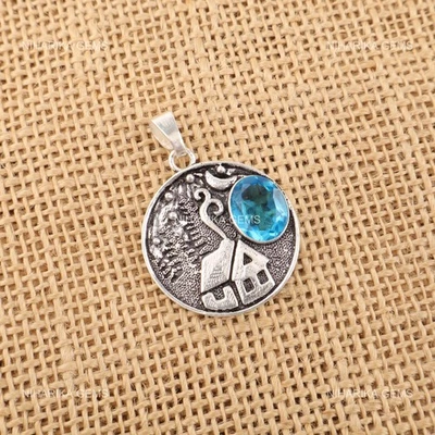 Sterlingsilber Oval Schweizer Blau Topas Edelstein Trendy Mutter Neu Anhänger - Bild 1 von 4