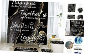 4-Piece Marble Home Shower Curtain Set, Non-Slip Bath Mat, Toilet Black Gold - Picture 1 of 8