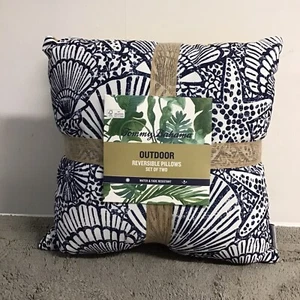 New 2~TOMMY BAHAMA PILLOWS Faux Straw with Blue/White palm trees 18” X18” - Picture 1 of 4