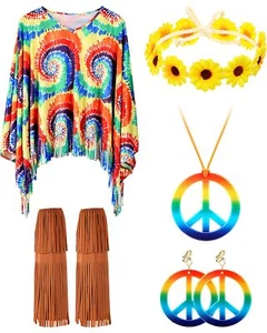 Hippie Costume Accessories Set 60s 70s Outfits for Women Tie Dye Poncho Hallo... - Picture 1 of 7