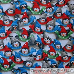 BonEful FABRIC FQ Cotton Quilt B&W White Black Gray Red Green Xmas Penguin Snow - Picture 1 of 12