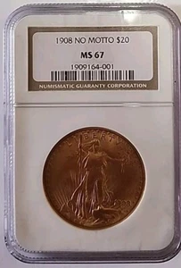 1908 $20 Gold Saint Gaudens No Motto MS67 NGC 1909164-001 - Picture 1 of 4