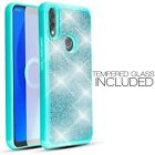 For Alcatel 3V 2019 / 5032W Bling Glitter Armor Phone Case Cover +Tempered Glass