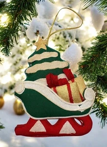 Vintage Christmas Sleigh Tree Ornament Handmade Fabric - Picture 1 of 6