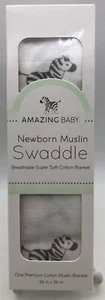 NEW Amazing Baby Muslin Swaddle Blanket Zebra 100% Cotton White & Black NIB - Picture 1 of 3