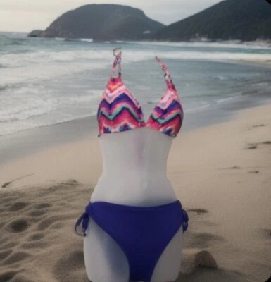 California Waves Bikini Sz L Tie Dye Halter Top/Massimo Sz L Blue Bikini Bottom - Image 1 of 4