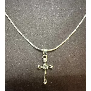 Sterling Silver Snake Chain Necklace with Clear Crystal Cross Pendant - Picture 1 of 9