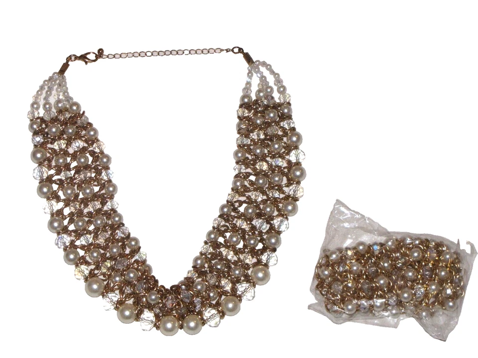 Lote De 2 Collares Chapados en Oro Imitación Perla Conjunto Pulsera Cuentas Ancho Grueso Mujer Foto 1 de 4