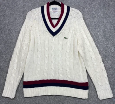 Винтажный Izod Lacoste свитер мужской M слоновой кости кабель трикотажа опрятный теннис коренастый V шеи - Изображение 1 из 4