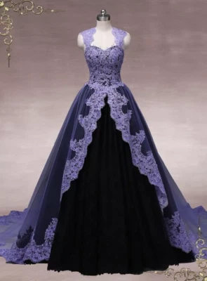 Gothic Black Purple Wedding Dresses Boat Neck Sleeveless Appliques Bridal Gowns - Image 1 of 4