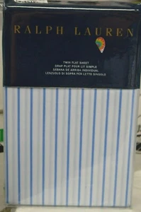 RALPH LAUREN TWIN FLAT SHEET WHITE/BLUE PRESCOT STRIPE NIP - Picture 1 of 4