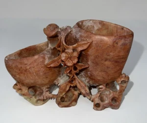 Antique Vase Chinese Carved Soapstone Vase Flower Brush Pot Exquisite Floral VTG - Picture 1 of 11