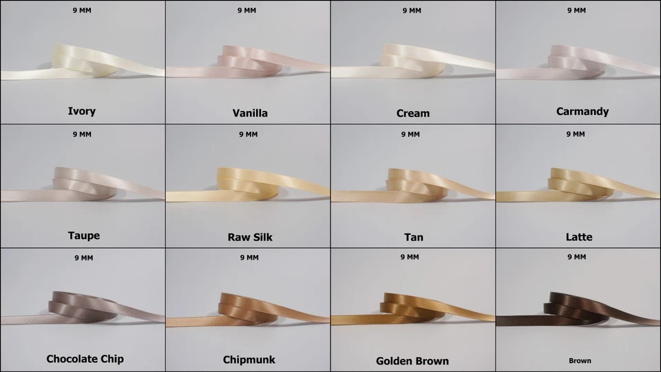 10yds ~~ 9mm Brown Cream Taupe Ivory Double Face Satin Ribbon 12 Colours U PICK - image 1 of 1