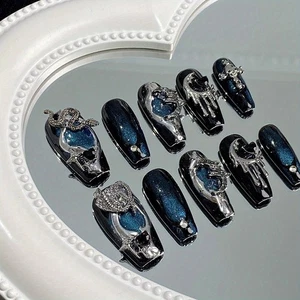 Handmade 10Pcs/1Sets Millennium Sweet Cool Spicy Cyberpunk Blue Cat Eye Nail Art - Picture 1 of 6