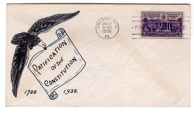 #835 Constitution Ratification 1938 FDC  - Gladys Adler Hand-Painted - Image 1 of 2