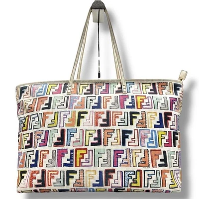 Authentic FENDI White and Multicoors PVC Canvas Tote Bag Purse #60238 - Image 1 of 4
