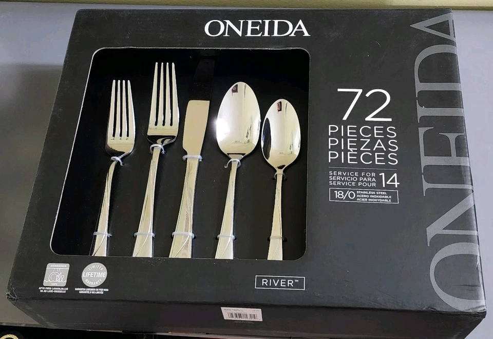 NIB Oneida River 72 Pc Stainless Flatware Set Service For 14 + 2 Pc Serving Set - Image 1 of 4