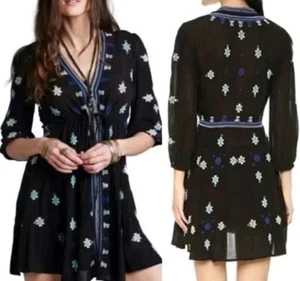 Free People Stargazer Swing Dress Size Large Embroidered Black Blue.        C17 - Picture 1 of 12