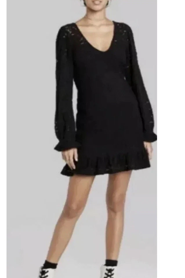 Women's Long Sleeve Brushed Lace Skater Dress - Wild Fable Black Size XS