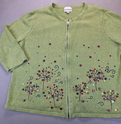 Vintage Breckenridge Sweater XL Full Zip Green Tree Floral Button Embroider Gma - Image 1 of 4