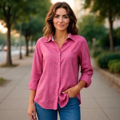 Stone Rose Dress Shirt Flip Cuff Pink Striped Long Sleeve Women Size 2 Small - Image 1 of 4