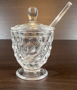 Nice Vintage Fostoria American Glass Mustard Jar With Lid & Spoon - Picture 1 of 15