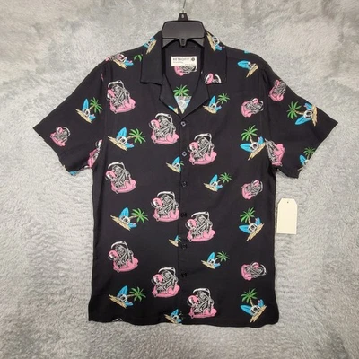 RETROFIT Calavera Parca Flamenco Camisa Hawaiana Para Hombres Pequeña Negra Rayón Resort Foto 1 de 4