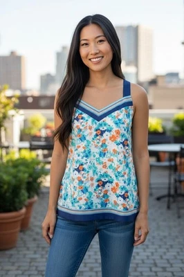 Lauren Conrad Floral S  Sleeveless Top Strappy Back Boho Chic Neckline Blue - Image 1 of 4