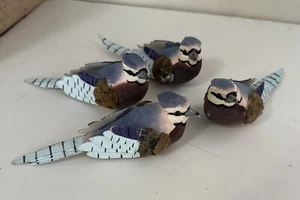 Set 4 uccellini vintage in cartapesta Blue Jays 6” L dipinti a mano decorazioni natalizie - Foto 1 di 4
