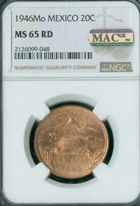 1946 MEXICO 20 CENTAVOS NGC MS65 RD 2ND FINEST GRADE MAC SPOTLESS POP 4  * - Picture 1 of 2